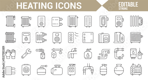 Editable Icons Representing Radiators, Heating Systems, and Gas Equipment