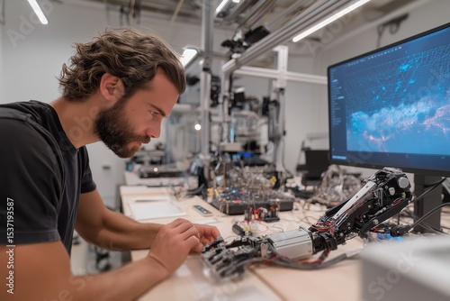 Wallpaper Mural Engineer calibrates wearable device on mannequin limb in modern white laboratory Torontodigital.ca