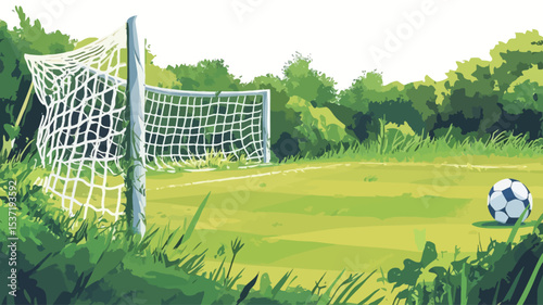 A digital illustration depicting an overgrown soccer field. The main focus is a soccer goal with a damaged net, partially obscured by overgrown grass and foliage.  A soccer ball rests near the