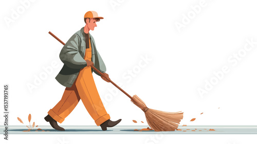 A digital painting illustration depicts a man in a yellow jumpsuit and a green jacket, wearing a yellow cap, sweeping the ground with a large broom. He is shown in profile view