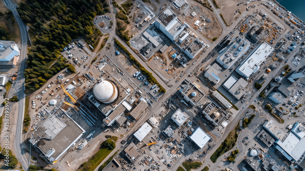 An aerial shot of a nuclear facility at noon, with visible infrastructure including reactors, cooling towers, and support buildings, evoking power and scale. An aerial shot of a nuclear facility at noon, with visible infrastructure including reactors, cooling towers, and support buildings, evoking power and scale.