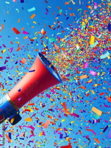 Megaphone announces a burst of confetti colorful celebration a vibrant explosion of joy and news colorful fragments float in mid air event promotion
