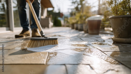 A person scrubbing a wet patio floor with a long-handled brush, water and soap suds spreading over the stone tiles, afternoon sunlight casting soft shadows across the clean and dirty sections.