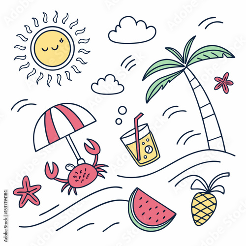 Summer beach elements with sun, fruits, drinks, and sea creatures captured in a fun doodle style illustration