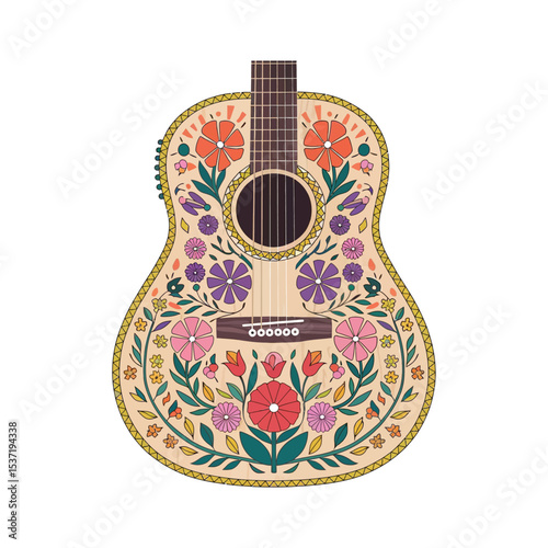 A beautifully decorated acoustic guitar with a natural wood finish, embellished with colorful floral and geometric patterns.