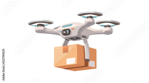 A digitally rendered illustration of a white quadcopter drone carrying a brown cardboard box against a plain white background. The drone is depicted in a three-quarter view, showcasing its