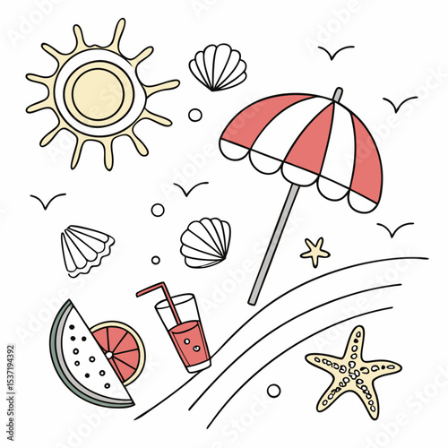 Summer beach elements with sun, fruits, drinks, and sea creatures captured in a fun doodle style illustration