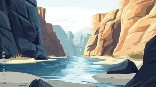 A digital illustration depicting a stylized canyon landscape. The image features a narrow river flowing through a canyon with high, imposing rock walls on either side. The rocks are rendered in