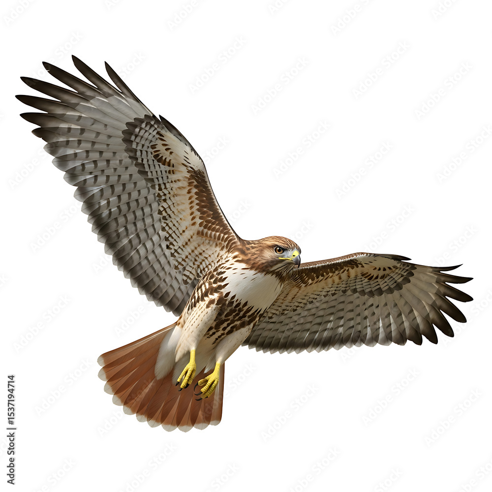 Fototapeta premium Detailed illustration of a red-tailed hawk soaring in flight against a white background.