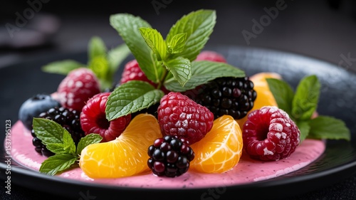 Delicious berry and citrus fruit dessert with fresh mint leaves a refreshing summer treat