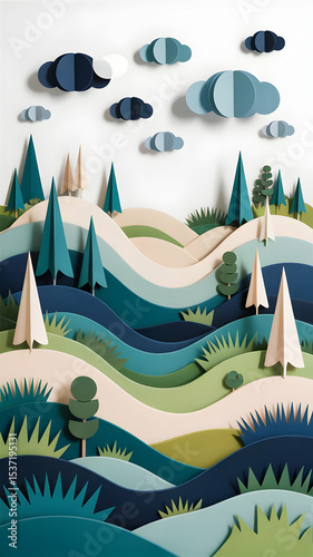 Paper art landscape background with trees and clouds layered illustration for graphic design projects