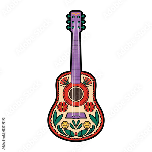 A colorful, folk-inspired acoustic guitar with a vibrant and playful design.