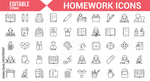 Vector Icons Representing Homework, School Tools, and Educational Materials