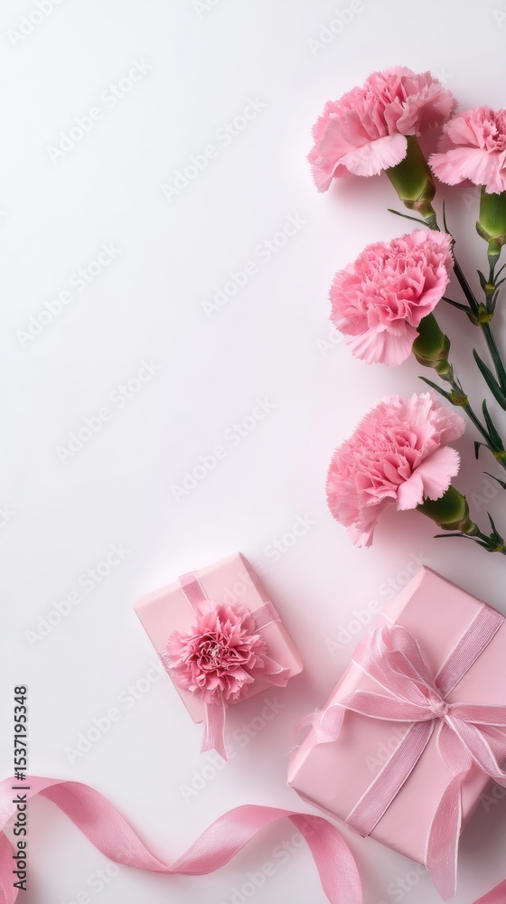 Obraz premium Elegant pink carnations and gift boxes with ribbons arranged on a white background