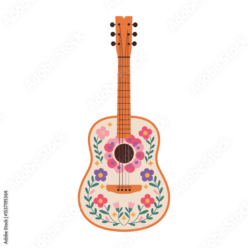 A charming acoustic guitar with a soft beige body, adorned with bright, whimsical floral designs.