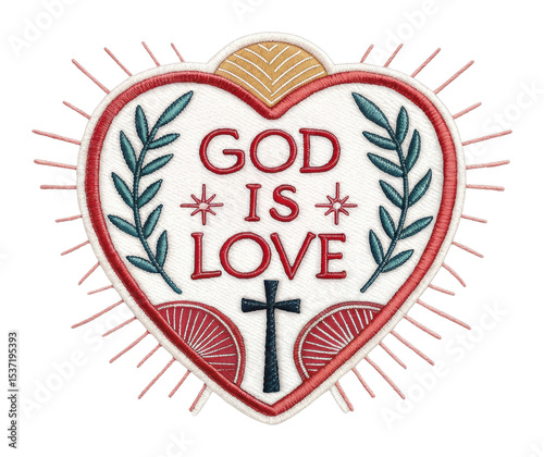 Spiritual art piece god is love embroidery creative studio colorful inspirational message. Patch concept png