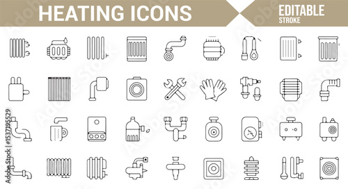 Vector Icons Representing Heating Systems, Boilers, and Radiators