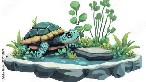 A digital illustration of a stylized cartoon turtle situated near a small pond. The turtle is predominantly teal and green, with a yellow-toned underbelly. It��s depicted in a semi-realistic cartoon