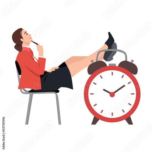 Woman relaxes with her feet on a giant clock, symbolizing a moment of pause and contemplation. Flat vector illustration isolated on white background