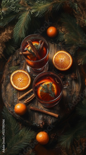 top view of traditional holiday mulled wine with seasonal garnishes in a winter cozy composition