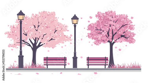 A vector illustration depicting a stylized scene of a park with two pink cherry blossom trees, two park benches, and two street lamps. The style is simple and flat, with minimal detail.