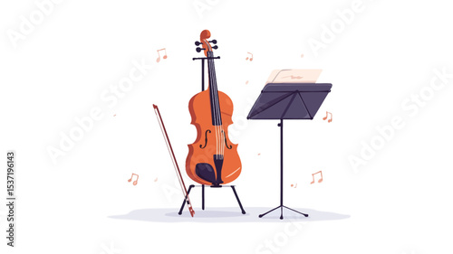 A digital illustration depicting a violin on a stand, accompanied by its bow resting on a separate stand, and a music stand. The style is flat and minimalist with a clean white background.