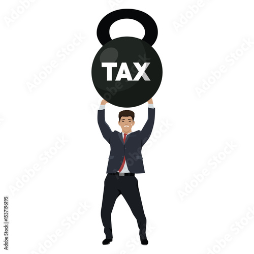 Stressed businessman struggling to lift a heavy kettlebell labeled TAX. Flat vector illustration isolated on white background