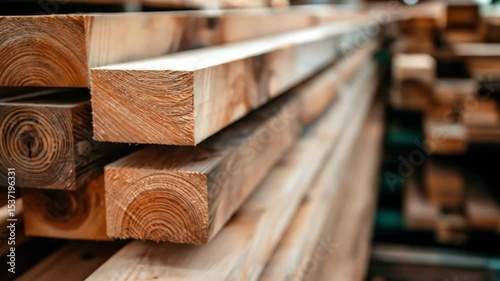 Stacked, cut lumber showing wood grain texture