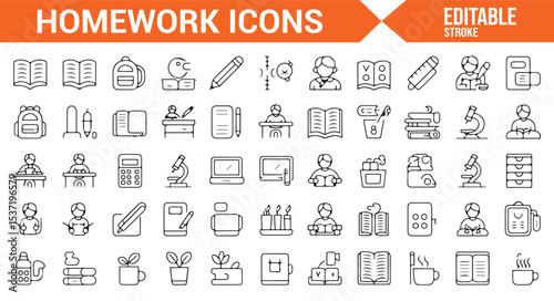 Icons Representing Study, Homework, and Educational Tools in Editable Style