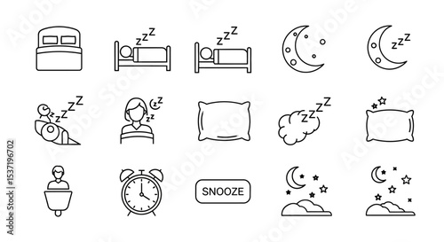 Sleep Icons Bed, Moon, Pillow, Alarm Clock, Snooze - Line Art Vector Graphics