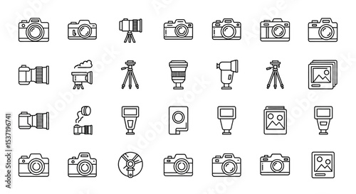 Photography Equipment Icons Camera, Lens, Flash, Tripod, and More