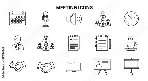 Comprehensive Set of Meeting Icons Calendar, Microphone, Speaker, Team, Clock, and More