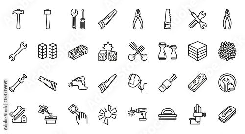Collection of Line Art Icons Tools, Construction, and DIY Supplies