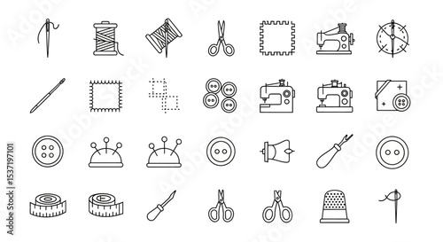 Sewing Kit Icons Line Art Illustrations for Craft Projects