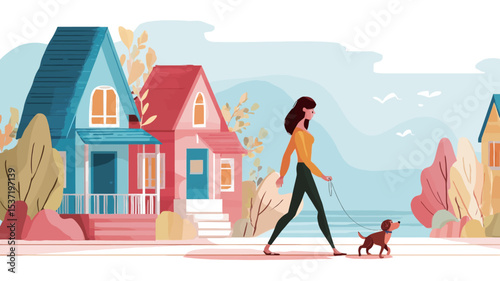 A vector illustration depicting a woman walking a small dog on a sidewalk. The background features a row of colorful, stylized houses in a suburban setting.  The art style is cartoonish and flat,