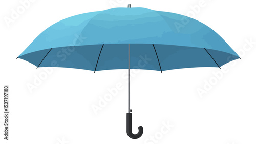 A studio shot of a light blue umbrella fully opened against a plain white background. The umbrella is a classic dome shape with a slightly curved black handle.  The image shows the top and