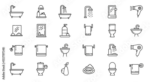 Bathroom Icons Clean Line Art Graphics for Web and App Design