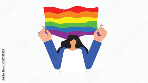 Women holding lgbtq+ pride flag for pride month concept. drawing sketch in vector. Charcter illustration in simple flat style for design online website, holiday celebration banner, ads, landing page, 