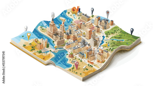 The image is a digitally created isometric illustration of a city map.  The map is rendered in a cartoonish style with brightly colored buildings and features.  The map is three-dimensional,