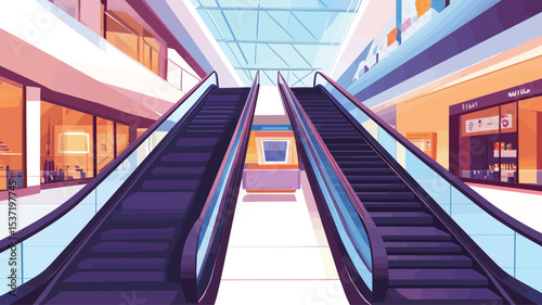 A digitally rendered image depicting the interior of a modern shopping mall.  The viewpoint is from the ground floor looking up two parallel escalators that ascend towards a glass skylight.