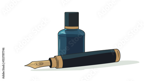 A digital illustration depicting a fountain pen and an inkwell. The inkwell is a small, dark teal bottle with a dark cap. The fountain pen is dark teal with gold accents near the nib and the end