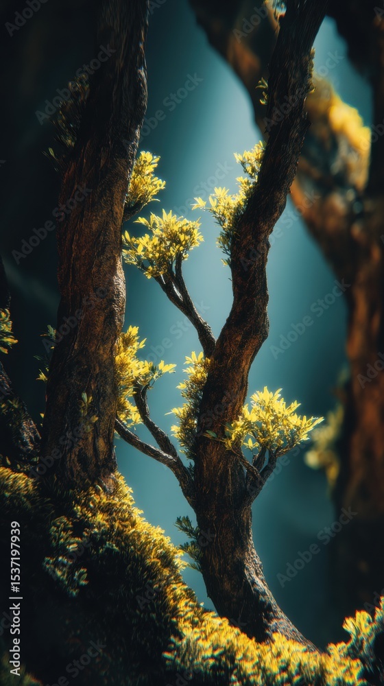 Fototapeta premium Moss-Covered Branches with Yellow Foliage in a Dappled Light Forest Scene