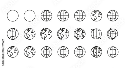 Global Icon Set Line Art World Globe Illustrations for Websites and Apps