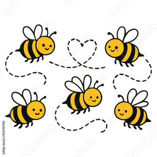 Cute Cartoon Bee Clipart Set – Smiling Flying Honeybee Vector

