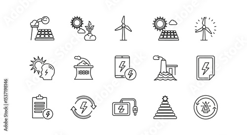 Renewable Energy Icons Solar, Wind, and Hydropower Line Art Graphics