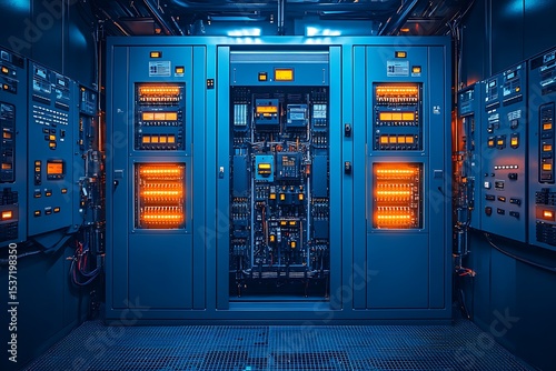 Server room interior with electrical equipment, illuminated panels, and technical infrastructure