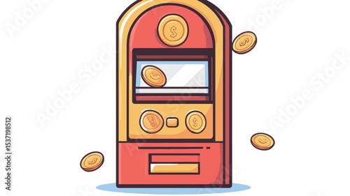 A digital illustration depicting a cartoon coin dispenser machine. The machine is predominantly red and yellow, with a simplified, stylized design.  Coins are shown both inside the machine and