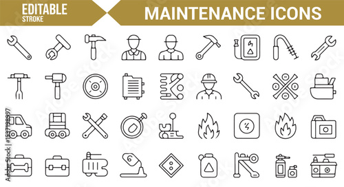Set of Maintenance and Repair Icons for Industrial and Mechanical Work