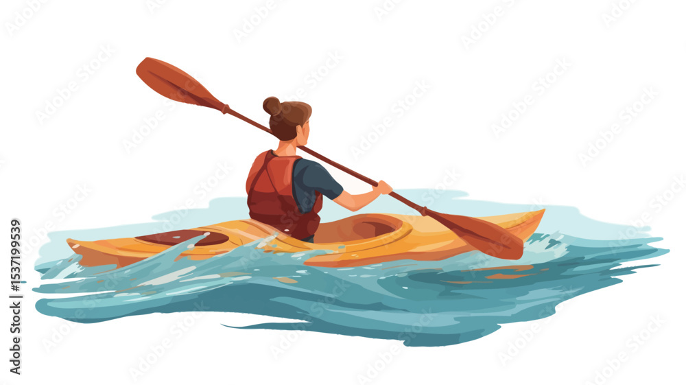 Fototapeta premium A vector illustration depicting a person kayaking on wavy water. The kayaker is a woman with a bun viewed from behind, wearing a life vest and dark shirt. She is paddling with a double-bladed