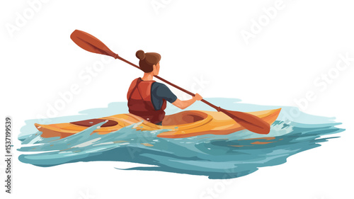 A vector illustration depicting a person kayaking on wavy water. The kayaker is a woman with a bun viewed from behind, wearing a life vest and dark shirt. She is paddling with a double-bladed